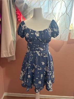 Navy Blue Floral Puff-Sleeve Mini Dress